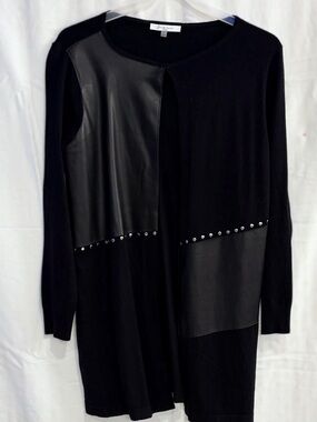 Sioni Long Elegant Black open Cardigan with Faux Leather Details, gorgeous!